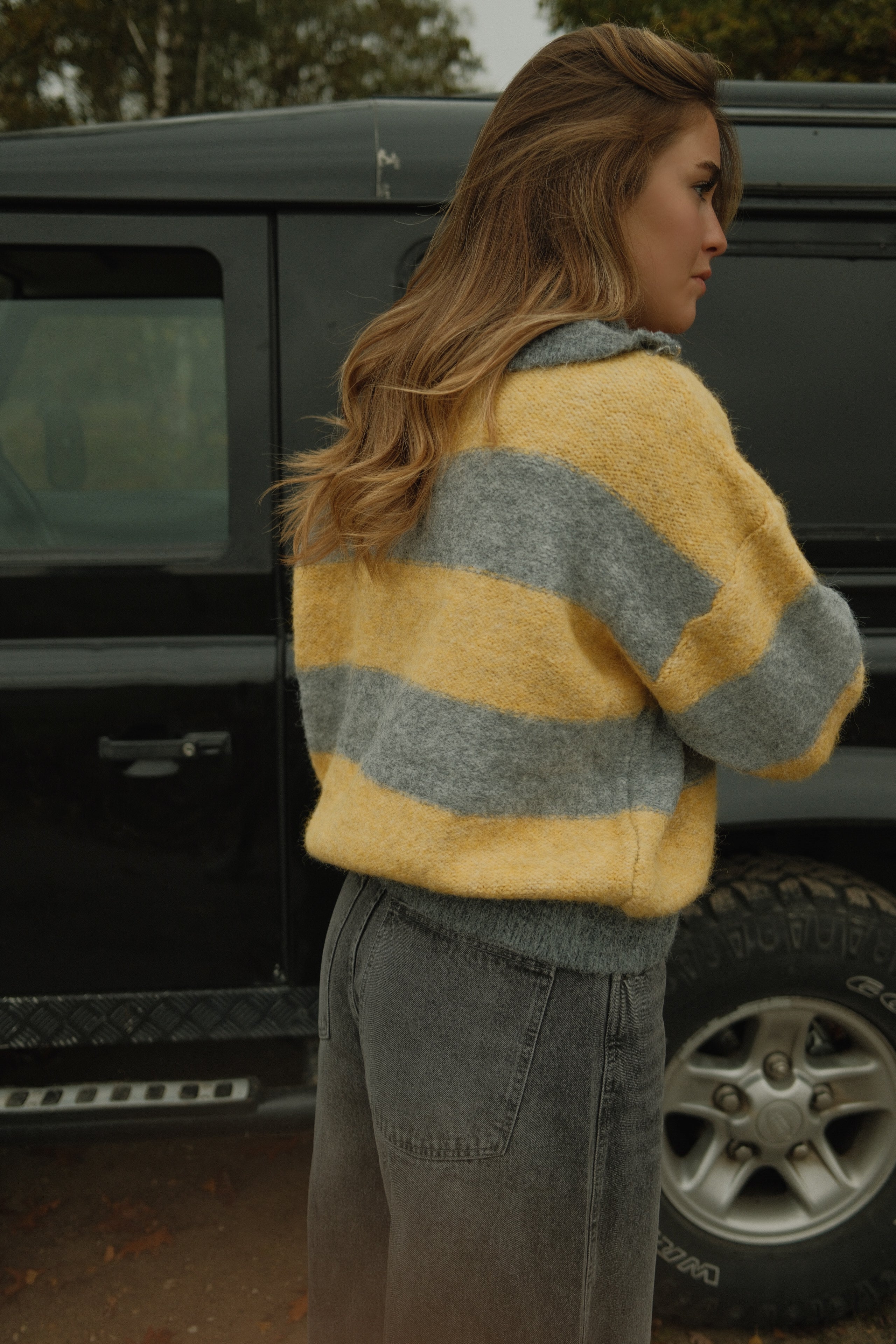 BOLD STRIPE ZIP KNIT YELLOW/GREY